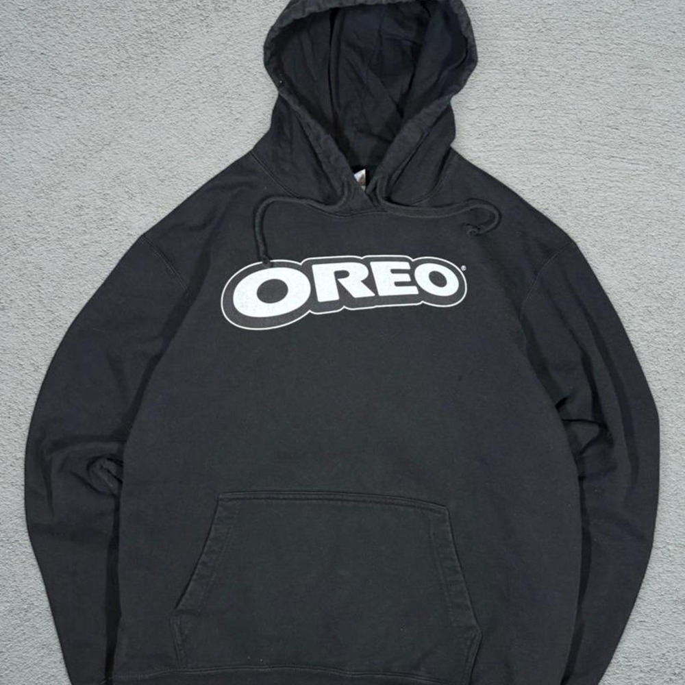 Port & Company Oreo Cookie Logo Hoodie Black Ring Spun Mens L Y2K Pullover